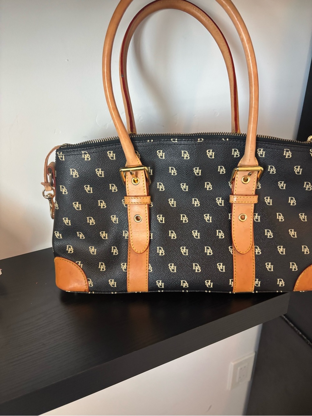 Dooney & Bourke Black Logo Messenger with Tan Leather Trim